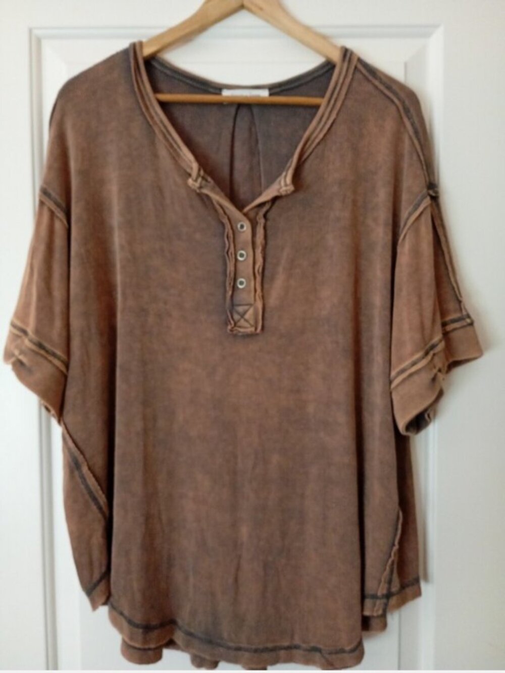 Faded Washed look Warm Brown Short-Sleeve Oversized Henley Shirt